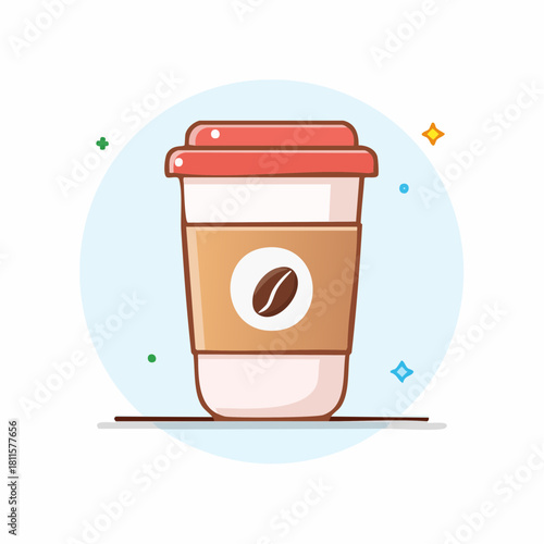 Charming flat design illustration of a convenient single-use coffee cup, symbolizing daily energy, refreshing breaks, and grab-and-go beverage culture