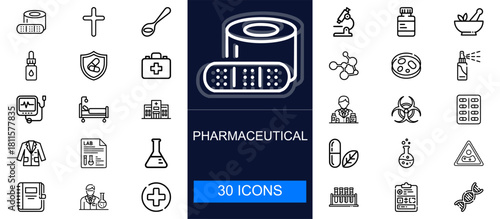 Pharmaceutical icon set. Medicine, drugs, lab tools, prescriptions, research, compounds, treatment, packaging and more. Thin line vector icons for pharmacies, healthcare, science and medical developme