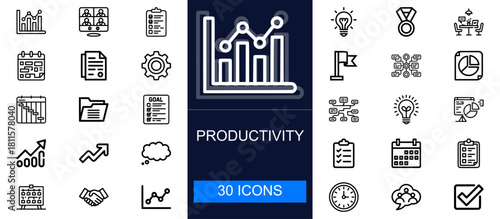 Productivity icon set. Planning, tasks, goals, charts, workflow, time management, collaboration, ideas and more. Thin line vector icons for business performance, project management and organization.