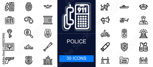 Police icon set. Law enforcement, security tools, patrol units, investigation, emergency response, crime prevention and more. Thin line vector icons for police departments, safety and public protectio