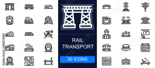 Rail transport icon set. Trains, tracks, stations, signals, cargo, high-speed rail, tunnels, engines and more. Thin line vector icons for railway systems, logistics, public transit and transportation 