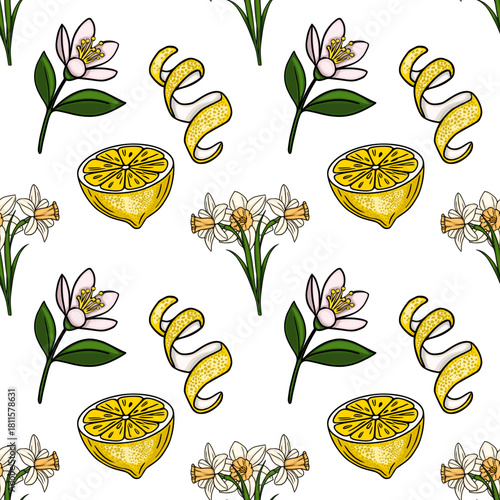 Seamless vector pattern featuring delicate white daffodils, bright yellow lemon slices, and elegant lemon twists on a clean white background.