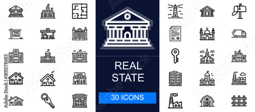 Real estate icon set. Homes, buildings, property listings, keys, mortgages, commercial spaces, rentals and more. Thin line vector icons for architecture, housing, property business and construction.