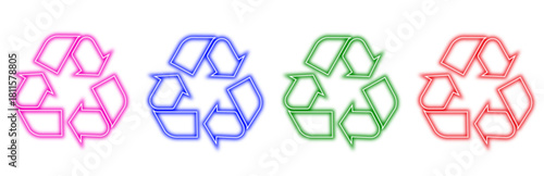 A set of four glowing neon recycle symbols isolated on a white background, featuring bright pink, blue, green, and red outlines radiating with light for a modern and eco-conscious design concept.