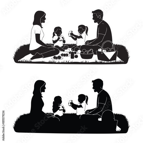 Family picnic illustration with parents and two young daughters