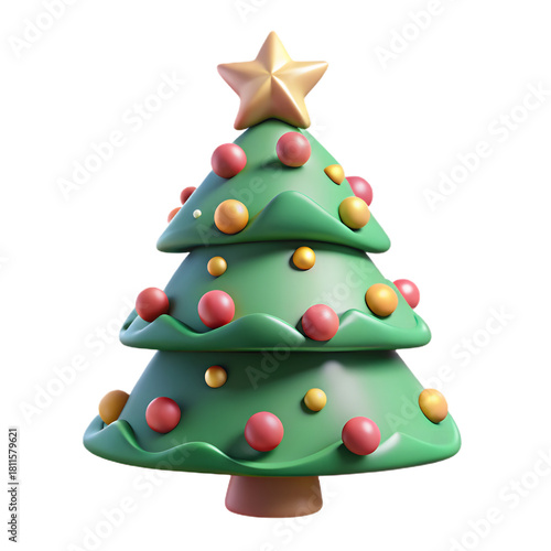 A cheerful, stylized Christmas tree adorned with colorful ornaments and a bright, golden star on top.