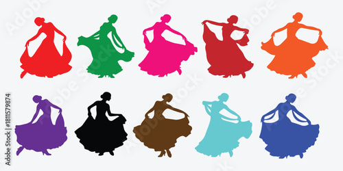 Vibrant dancing women silhouettes in expressive cultural poses