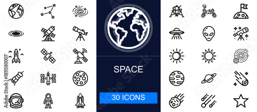 Space icon set. Astronomy, planets, rockets, galaxies, satellites, stars, exploration, astronauts, telescopes, orbits, comets, missions, science and more. Thin line vector icons collection.