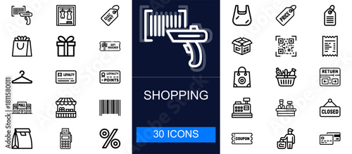 Shopping icon set. Retail, stores, barcodes, payments, discounts, bags, loyalty programs, checkout, delivery and more. Thin line vector icons for e-commerce, shops, markets and purchasing.