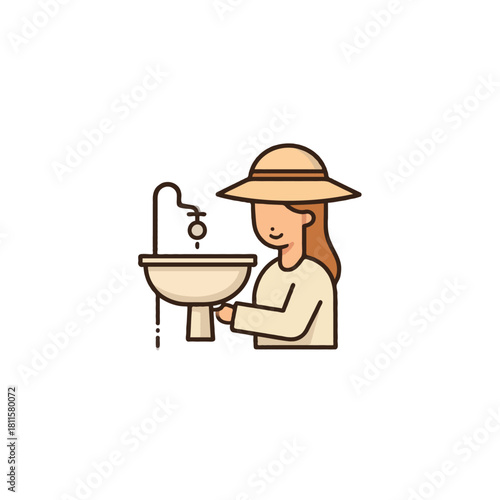 Illustration displaying hygiene practice showcasing a woman washing her hands in a cream-colored