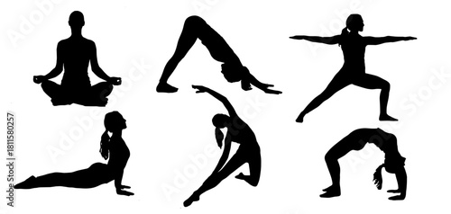 Illustration set of a young woman doing meditation or yoga of silhouette vector