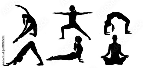 Vector silhouette illustration set of a young woman doing meditation or yoga