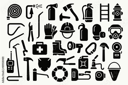 Firefighter Tools Vector Set | 30–40 Fire Safety Equipment Icons
