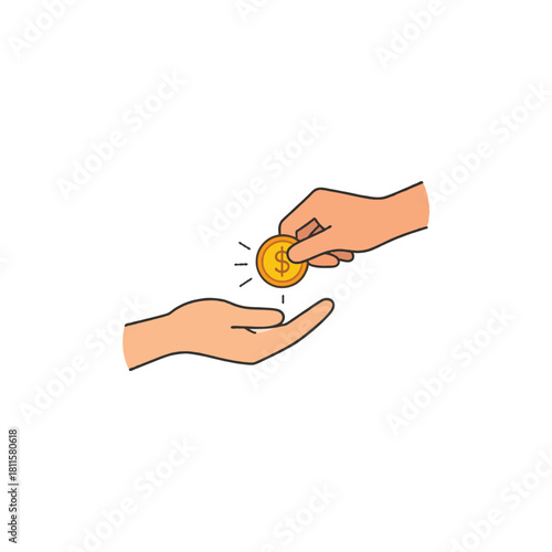 Illustration of hand giving golden coin to another hand representing financial transaction and