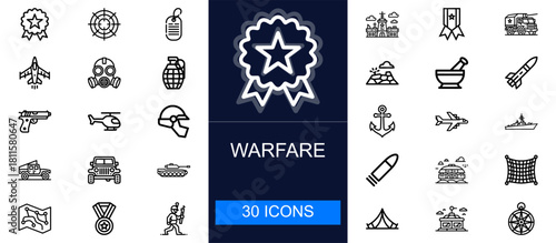 Warfare icon set. Military, weapons, vehicles, defense, soldiers, strategy, protection, equipment, security forces, aviation, navy, combat tools and more. Thin line vector icons collection.