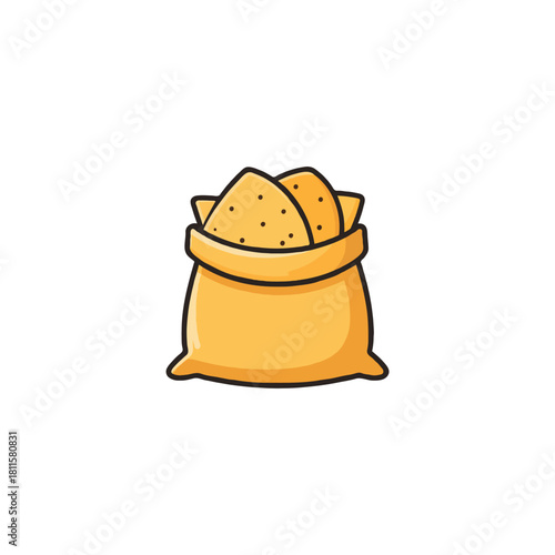 Illustrative depiction of a burlap sack filled with golden granular substance on plain backdrop
