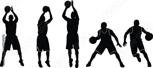 Basketball player silhouette vector set, shooting, jumping, dribbling, sport action, athlete, championship game, offense, dynamic movement.