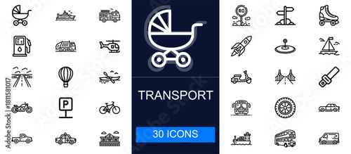 Transport icon set. Vehicles, travel, traffic, road signs, commuting, logistics, cars, buses, bikes, ships, planes, parking, fuel, mobility and more. Thin line vector icons collection.