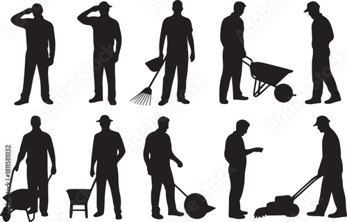 Lawn care workers silhouette set for landscaping