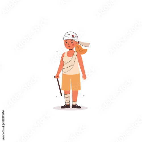 Injured cartoon girl with bandaged head and leg displaying resilience and determination after an