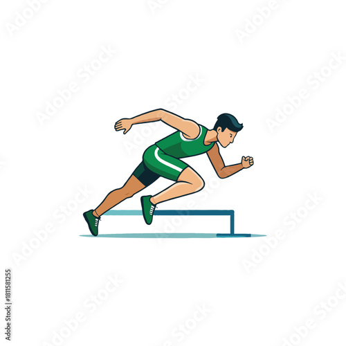 Isolated illustration of a male athlete poised for a hurdles race showcasing determination