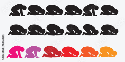 Silhouettes of people bowing, praying, and showing submission