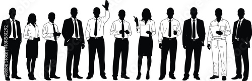 Business people standing silhouette vector group, male and female, teamwork, meeting, raising hand, executives, professional staff, corporate success.