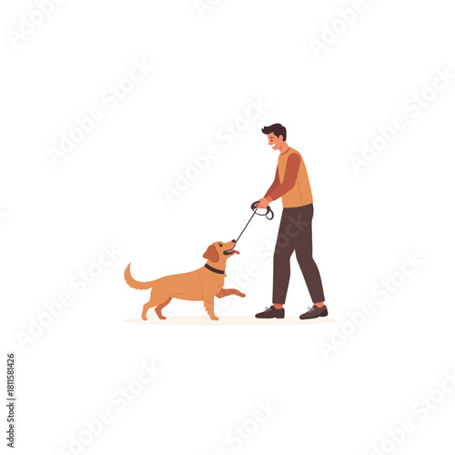 Joyful companionship depicted through a cartoon style illustration showcasing a man walking his