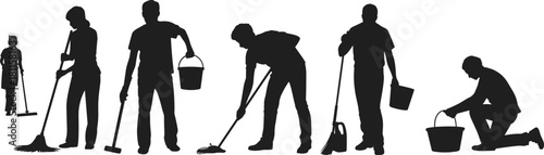 Cleaner and maintenance worker silhouette vector set, sweeping, mopping, holding bucket, housekeeping, male and female, full body, service.