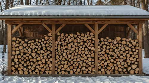 Stacked firewood leaning against a house exterior wall.