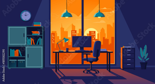 Modern home office interior illustration with a computer, desk, and bookshelf, set against a vibrant city skyline at sunset, depicting a productive remote workspace