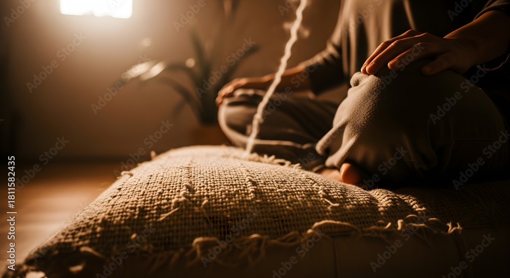 Obraz premium Serene moment of mindfulness as person meditates in golden light, seeking peace and spiritual wellness through mindful practice in peaceful home studio