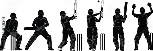 Cricket batsman and wicket keeper silhouette vector set, batting action, stumps, sport, player, championship game, full body, protective gear.