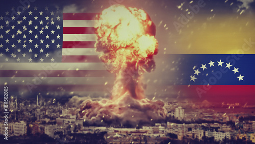 American and Venezuelan flags against the backdrop of the ruins of a city after a large explosion. America's war on Venezuela. Attack on Venezuela.