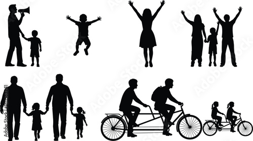 Family and people activity silhouette vector set, biking, father, child, mother, celebration, cheering, megaphone, joyful moments, parenting.