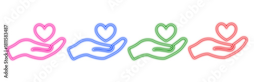 a set of four colorful neon heart icons held by open hands, symbolizing love care and support, isolated on a clean white background for easy integration into various designs