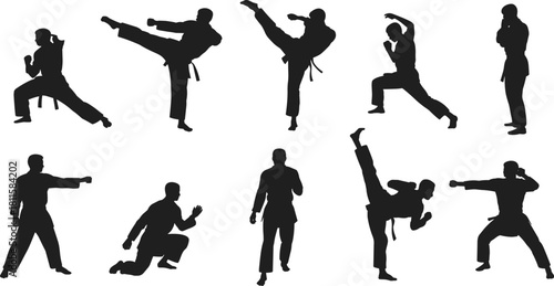 Martial arts karate silhouette vector set, high kick, dynamic fighting action, female and male, self-defense, combat training, professional sport.
