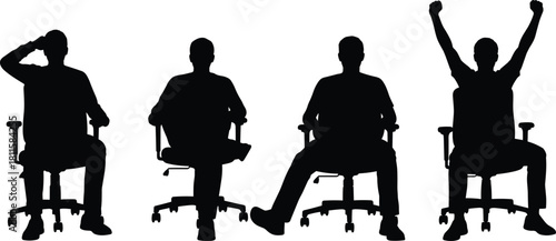 Men sitting in office chairs silhouette vector set, working, waiting, relaxation, success, employee, business, comfortable, different poses.