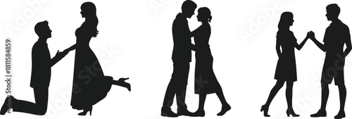 Romantic couple silhouette vector set, marriage proposal, engagement, love, intimacy, dancing, dating, man kneeling, affection, relationship.