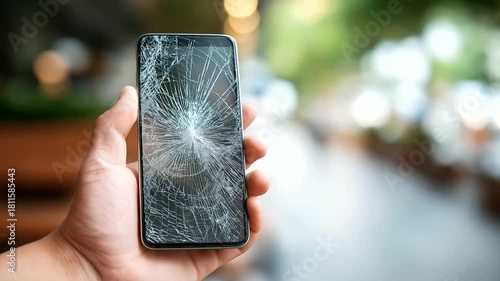 Smartphone with display broken defocused background, faceless device damage, cracked visualization detail, blurred setting, screen concept, mobile interface, broken display, damage