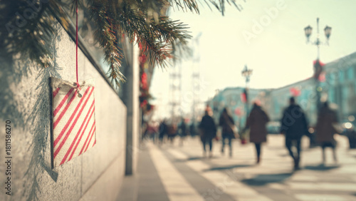 Fototapeta Naklejka Na Ścianę i Meble -  A small striped holiday gift hangs from a pine branch, overlooking a bustling city street with blurred pedestrians and buildings.
