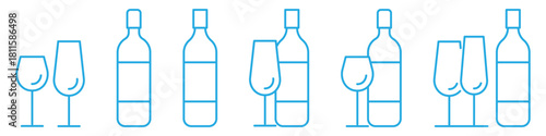 Glasses and bottles linear icons set isolated on transparent background. Minimal editable-stroke symbols ideal for drink menus, bar design, restaurant branding, and beverage illustrations