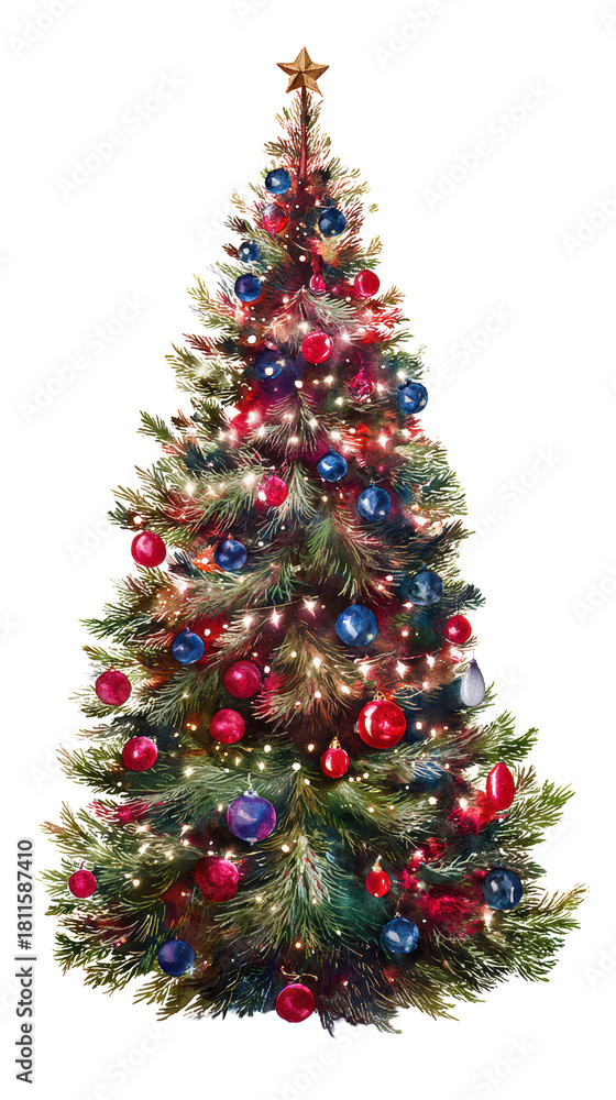 Fototapeta premium Watercolor beautifully decorated christmas tree with red and blue ornaments and twinkling lights