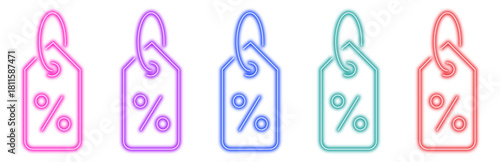 Colorful neon price tags with percentage symbols displayed in a row on a clean white background, perfect for e-commerce promotions and seasonal sales events.