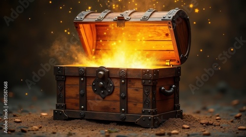 Un viejo cofre rústico de madera se abre de golpe, liberando una luz dorada brillante y polvo reluciente