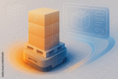 Advanced automated logistics system featuring a digital pallet loading platform with stacked cargo cubes illuminated in gradient tones representing efficiency and innovation