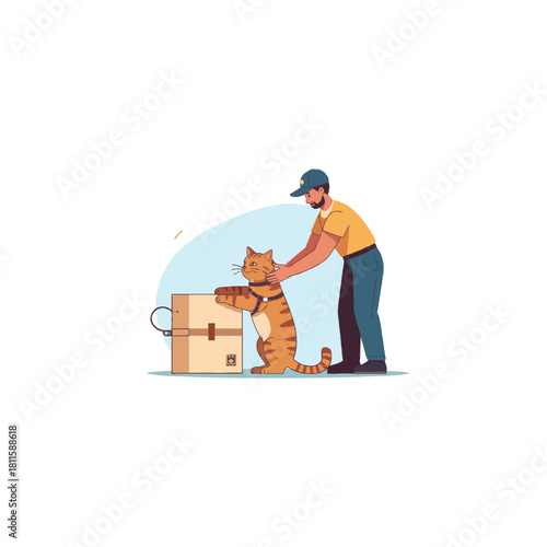 Man delivering a box with a cat assisting and supervising the delivery process with determination