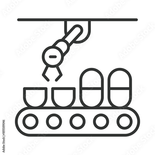 Pill production line icon in line design. conveyor with capsules, robotic arm on white background vector. Pill production line editable stroke icon