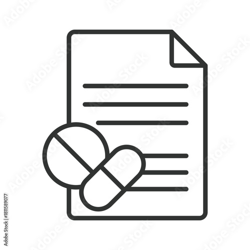 Medication document icon in line design. pill prescription sheet, medicine form on white background vector. Medication document editable stroke icon