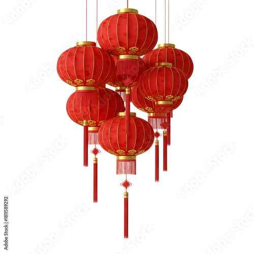Group of red chinese lanterns hanging for celebration isolated on transparent background